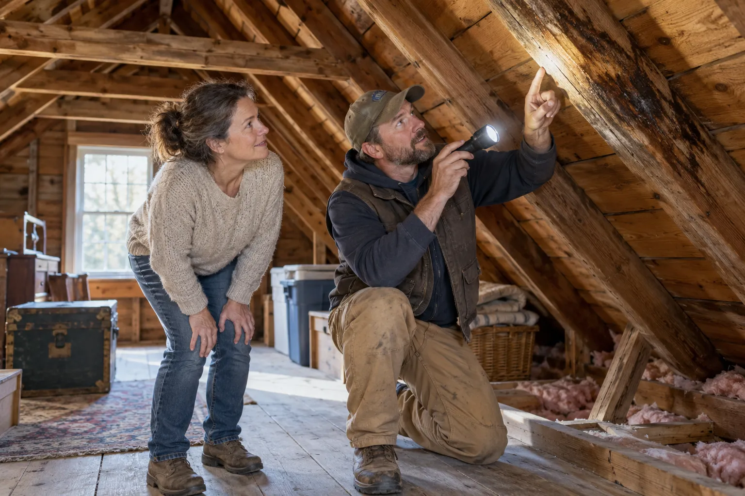 Homeowner pointing out a ceiling stain to a roofing provider in a Haverhill home