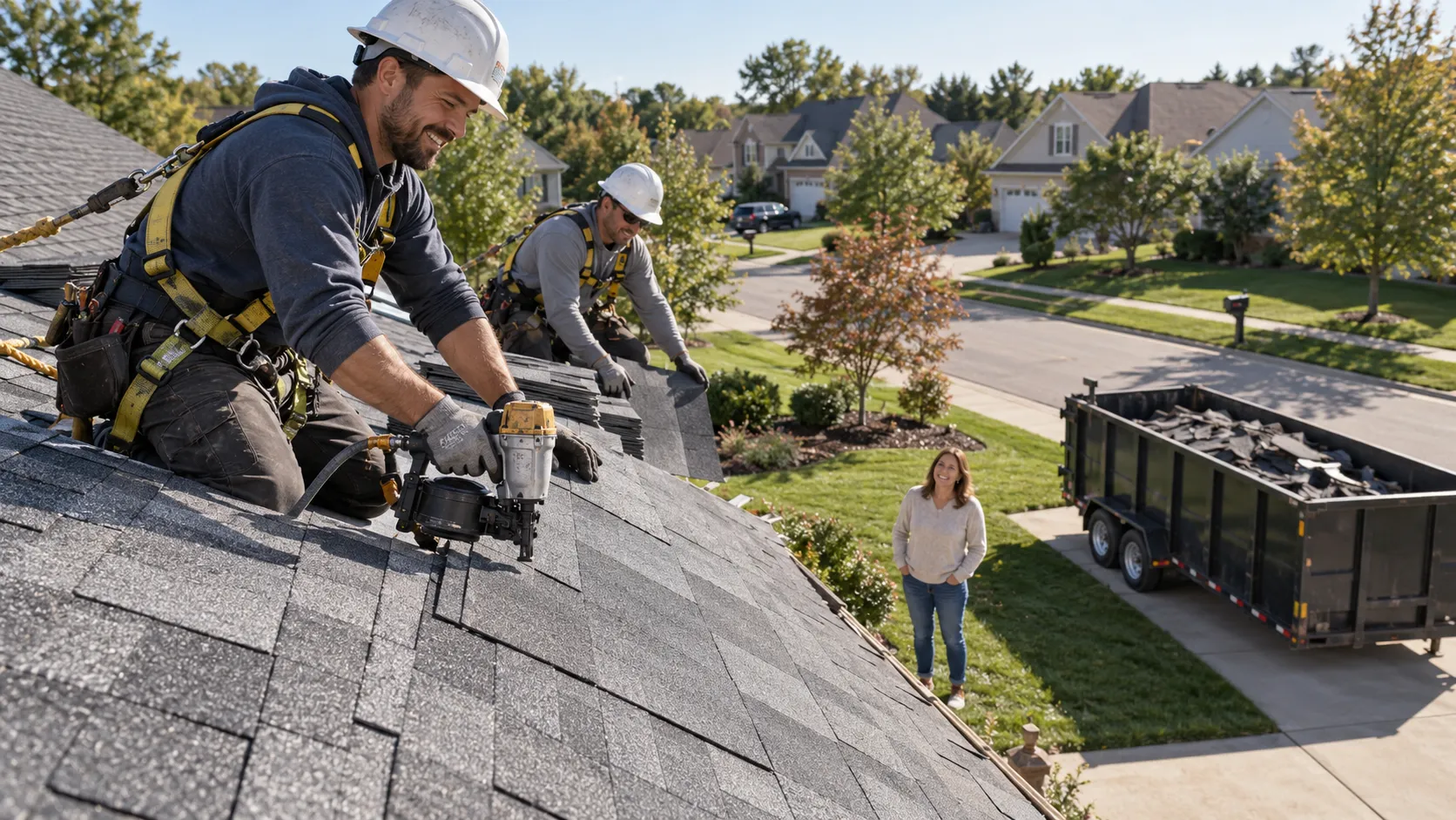Independent roofing provider laying new shingles on a home in Haverhill under clear morning light