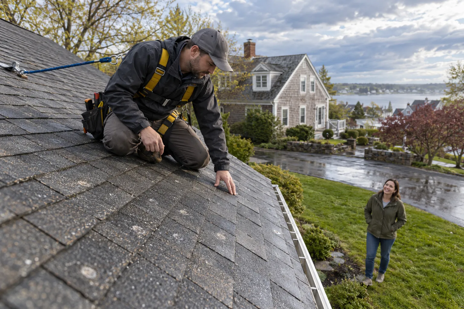 Independent roofing provider inspecting hail-damaged shingles on a home in Haverhill with a homeowner watching from the yard